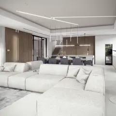 Nowoczesny salon z jadalnią i kuchnią, jasne meble, drewniane akcenty, rośliny.