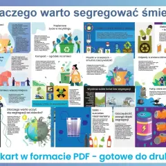 Segregacja śmieci kolory: kosze na śmieci, segregacja odpadów, recykling, kompostowanie, plastik w oceanach, energia z recyklingu.
