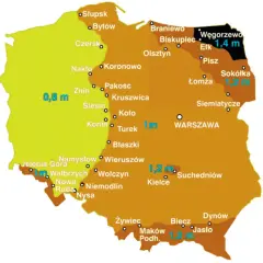 Mapa Polski z zaznaczonymi strefami przemarzania gruntu. Różne kolory oznaczają głębokość przemarzania, np. 0,8 m, 1 m, 1,2 m, 1,4 m.