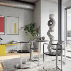 Nowoczesne wnętrze w stylu bauhaus: okrągły stolik z krzesłami, abstrakcyjne obrazy na ścianie, żółta konsola i duża rzeźba.