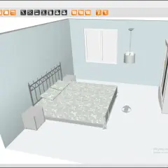 Projektowanie wnętrz w 3D: sypialnia z łóżkiem, szafkami nocnymi i szafą. Aplikacja do projektowania wnętrz pozwala na aranżację przestrzeni.