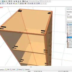 Program do projektowania mebli darmowy. Widok 3D szafki kuchennej z listą elementów i opcjami mocowań.
