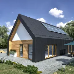 Nowoczesny dom modułowy 100m2 cena pod klucz, z panelami słonecznymi na dachu i tarasem.