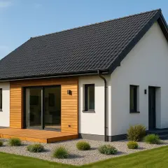 Nowoczesny dom 70m2 z poddaszem, z drewnianym tarasem i dużymi przeszkleniami. Elegancka, biała elewacja i czarny dach.