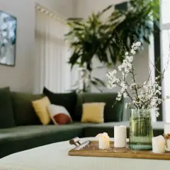 Zielona kanapa, świece i kwitnące gałązki tworzą harmonię w salonie, zgodną z zasadami feng shui.