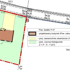 Mapa zasadnicza do warunków zabudowy: projektowany budynek, nawierzchnie utwardzone i powierzchnia biologicznie czynna.