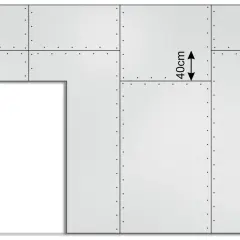 Schemat przedstawia fragment ściany z płyt gipsowo-kartonowych, z zaznaczonymi wymiarami płyty gk 40cm.