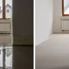 Po lewej mokra wylewka samopoziomująca, po prawej sucha. Czas schnięcia zależy od warunków.