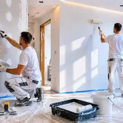 Dwóch fachowców szpachluje i maluje ściany. Sprawdź, jaka jest szpachlowanie ścian cena i zamów usługę.