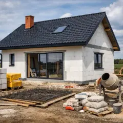 Budowa domu 80m2. Białe bloczki, czarny dach, betonowa zaprawa i materiały budowlane na placu.