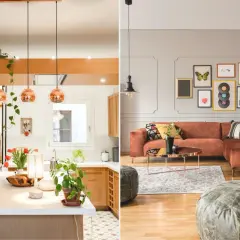 Kuchnia z miedzianymi lampami i salon z ceglastą kanapą tworzą eklektyczny styl.