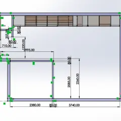 Rysunek techniczny z wymiarami szafek kuchennych. Widoczne są długości, szerokości i wysokości poszczególnych modułów.