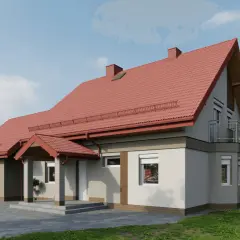 Wizualizacja domu z czerwonym dachem i jasną elewacją. Widać garaż, wejście zadaszone i balkon.