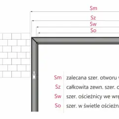 Schemat wymiarów ościeżnicy. Określa jaki otwór pod drzwi 90 jest potrzebny, uwzględniając szerokość muru i ościeżnicy.