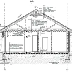 Przekrój budynku z detalami konstrukcyjnymi i materiałowymi. Projekt architektoniczno budowlany.