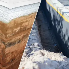 Przed i po: fundament domu z widoczną warstwą izolacyjną, chroniącą przed wilgocią. Folia fundamentowa to klucz do suchego domu.