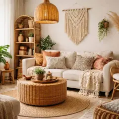 Przytulny salon w stylu boho. Wygodna sofa, rattanowe meble, makrama na ścianie i mnóstwo zielonych roślin tworzą relaksującą atmosferę.