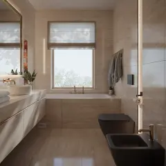 Nowoczesna łazienka z oknem na wprost drzwi, wanna, czarna miska WC i bidet, kamienne płytki, złote baterie.