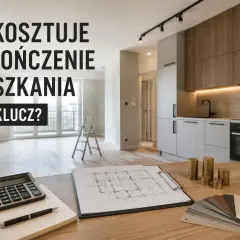 Ile kosztuje wykończenie mieszkania pod klucz? Kalkulator, plany, próbki materiałów i monety na stole sugerują planowanie budżetu.