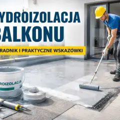Pracownik wykonuje hydroizolację balkonu, używając wałka do aplikacji masy. Na pierwszym planie wiadro z napisem "HYDROIZOLACJA".