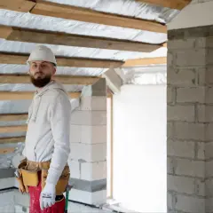 Budowlaniec w kasku i pasie narzędziowym na tle remontowanego mieszkania. Czy jest ulga na remont mieszkania?