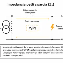 Schemat wyjaśnia, impedancja co to jest w kontekście pętli zwarcia. Pokazuje transformator, zabezpieczenie nadprądowe i drogę prądu zwarciowego.