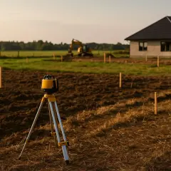 Precyzyjne tyczenie fundamentów na działce po odrolnieniu. Niwelator laserowy i paliki wyznaczają przyszły kształt domu. W tle koparka i budynek.