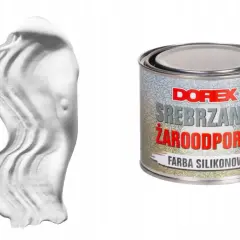 Srebrzanka żaroodporna DOREX w puszce, obok próbka białej farby silikonowej.