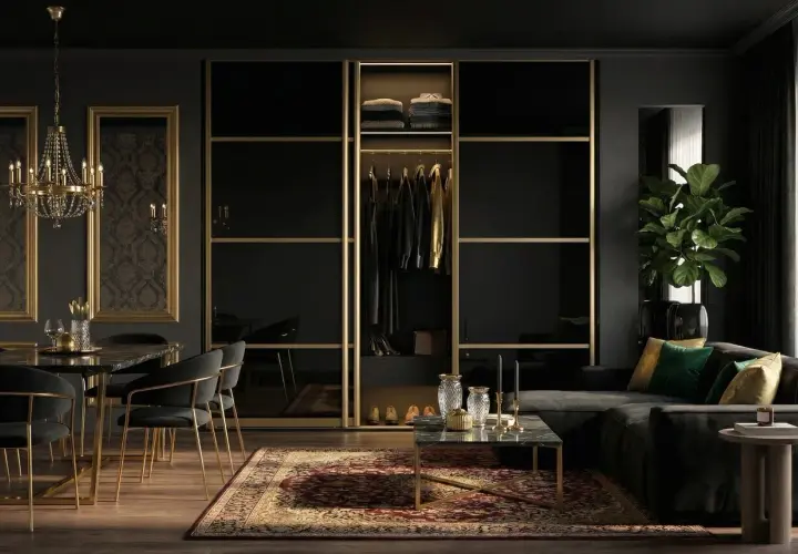 Elegancja w czerni: salon z czarną szafą, sofą i złotymi detalami.