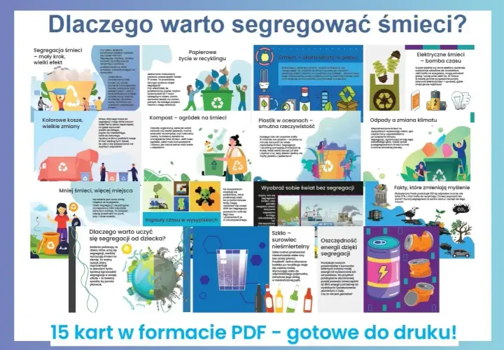 Segregacja śmieci kolory: kosze na śmieci, segregacja odpadów, recykling, kompostowanie, plastik w oceanach, energia z recyklingu.