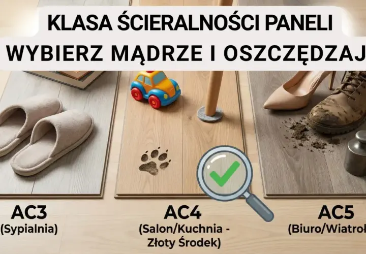 Porównanie klas ścieralności paneli: AC3 (sypialnia), AC4 (salon/kuchnia) i AC5 (biuro/wiatrołap). Wybierz mądrze!
