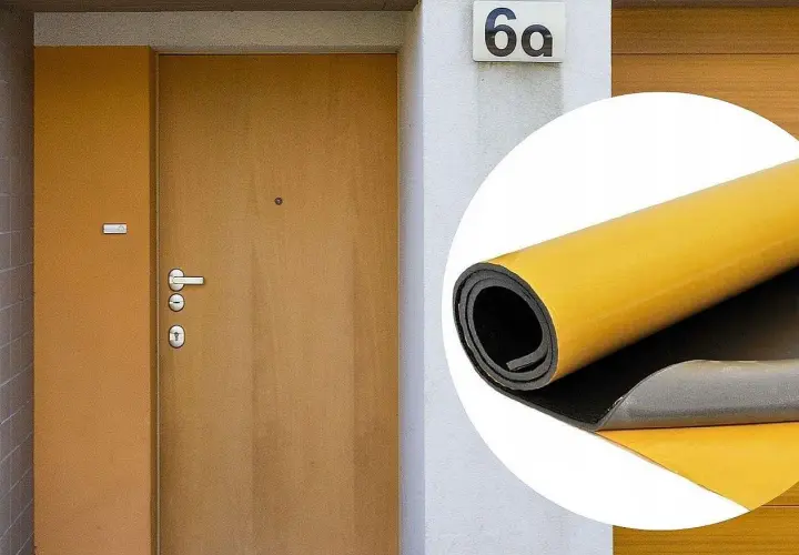 Ocieplenie drzwi wewnętrznych: rolka materiału izolacyjnego z żółtą warstwą klejącą obok drzwi wejściowych.