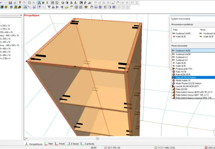 Program do projektowania mebli darmowy. Widok 3D szafki kuchennej z listą elementów i opcjami mocowań.