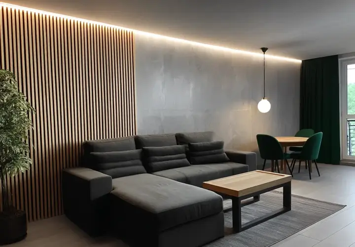 Nowoczesny salon w stylu loft z drewnianą ścianką, szarą sofą i jadalnią.