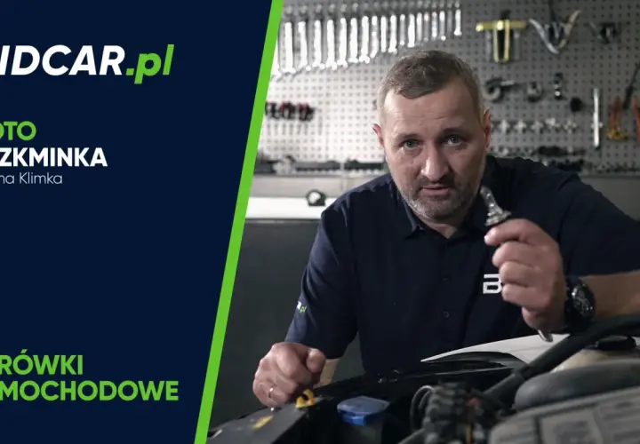 Mężczyzna pokazuje, jak wymienić żarówkę samochodową. W tle warsztat z narzędziami.