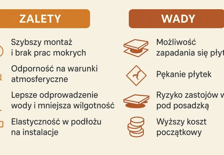 Taras wentylowany wady: zapadanie się płyt, pękanie, zastój wody pod posadzką, wyższy koszt początkowy.