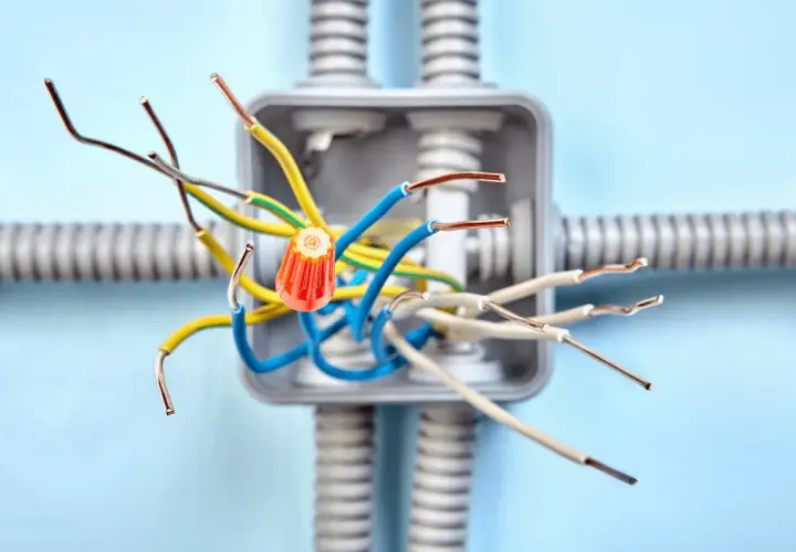 Instalacja elektryczna bezpuszkowa z kolorowymi przewodami i pomarańczowym złączem.