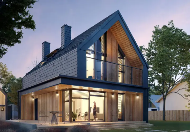 Nowoczesny skandynawski dom z drewnianymi elementami i dużymi oknami. Wnętrze oświetlone, widać kobietę. Idealne miejsce do życia, potwierdzają to liczne skandynawski dom opinie.