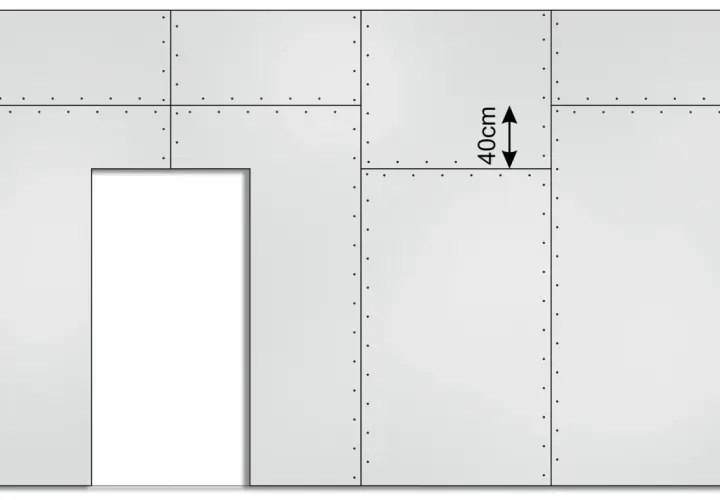Schemat przedstawia fragment ściany z płyt gipsowo-kartonowych, z zaznaczonymi wymiarami płyty gk 40cm.