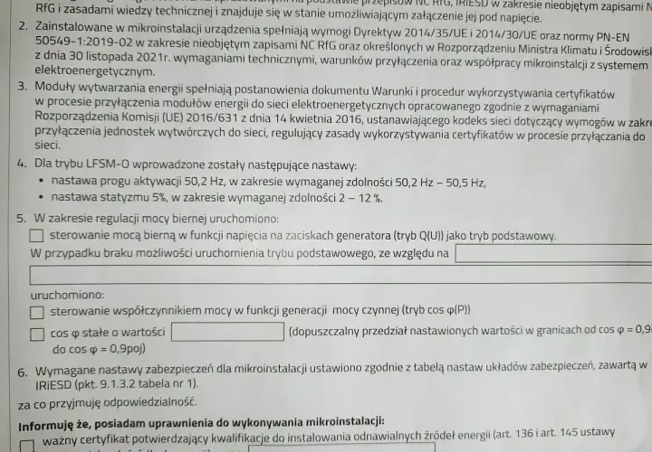 Formularz zgłoszenia mikroinstalacji Tauron. Dokument zawiera informacje o wymaganiach technicznych i procedurach przyłączenia.