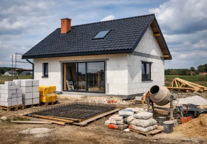 Budowa domu 80m2. Białe bloczki, czarny dach, betonowa zaprawa i materiały budowlane na placu.