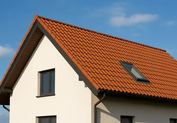 Nowy, czerwony dach dwuspadowy z dachówką ceramiczną i oknem połaciowym, lśni w słońcu na tle błękitnego nieba.
