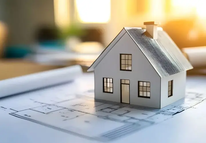 Model domu na planach architektonicznych. Pokazuje, ile jest ważne pozwolenie na budowę, by marzenie o własnym domu stało się rzeczywistością.