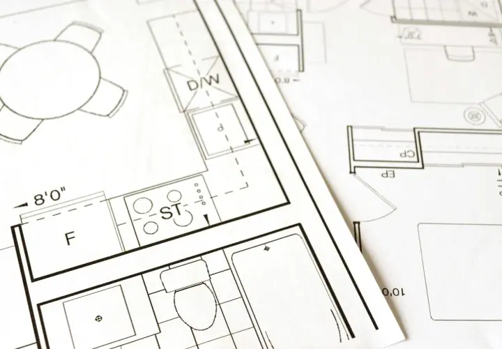 Plany architektoniczne z widocznym stołem, kuchnią (ST), łazienką (WC) i innymi pomieszczeniami. Dokumentacja do złożenia wniosku o pozwolenie na budowę.