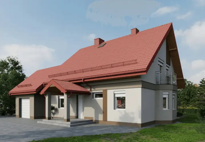 Wizualizacja domu z czerwonym dachem i jasną elewacją. Widać garaż, wejście zadaszone i balkon.