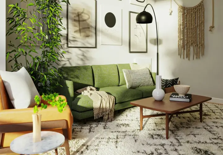 Zielona kanapa w salonie inspiracje: nowoczesny salon z zieloną kanapą, roślinami i sztuką na ścianach.