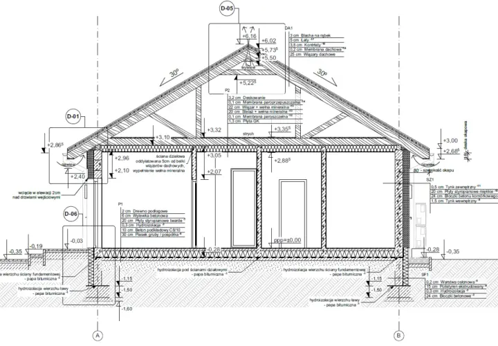 Przekrój budynku z detalami konstrukcyjnymi i materiałowymi. Projekt architektoniczno budowlany.