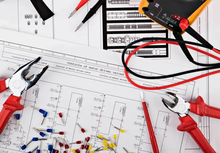 Narzędzia i schematy do elektryki w domu: kombinerki, multimetr i okablowanie na tle planów instalacji.