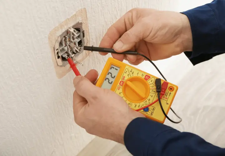 Elektryk sprawdza napięcie w gniazdku za pomocą żółtego multimetru. Wynik pomiaru to 221V.