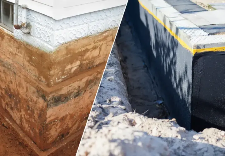 Przed i po: fundament domu z widoczną warstwą izolacyjną, chroniącą przed wilgocią. Folia fundamentowa to klucz do suchego domu.